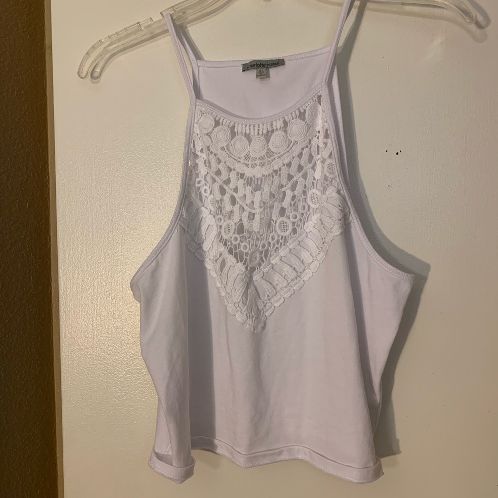 Solid white tank top with lace on chest